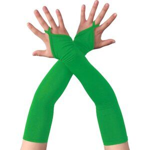 Women's Green Finger Loop Fingerless Satin Long Gloves Halloween Party Costume
